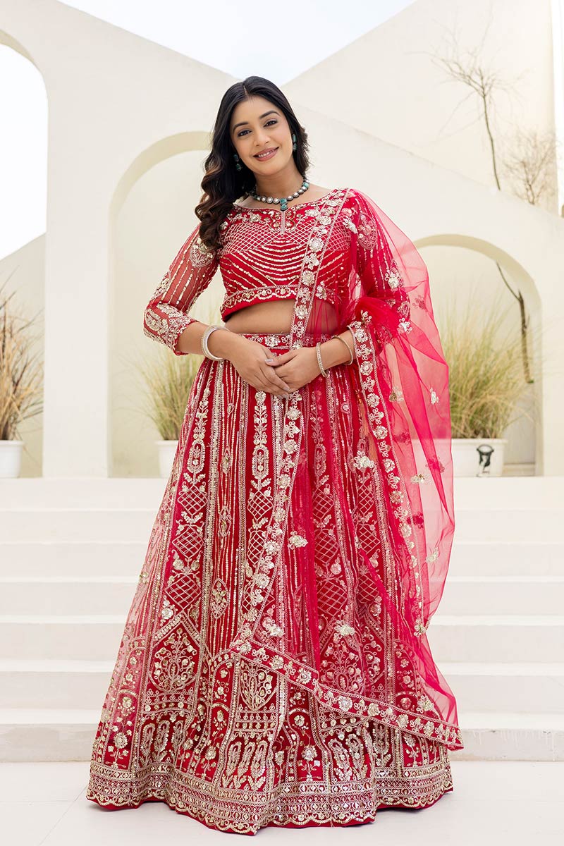 Red wedding Lehenga | Designer Look with Delicate floral motifs PR