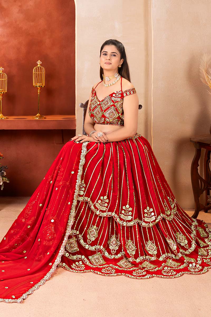 Royal Red Wedding Lehenga UK | Gold Embroidered Festive Wear PR
