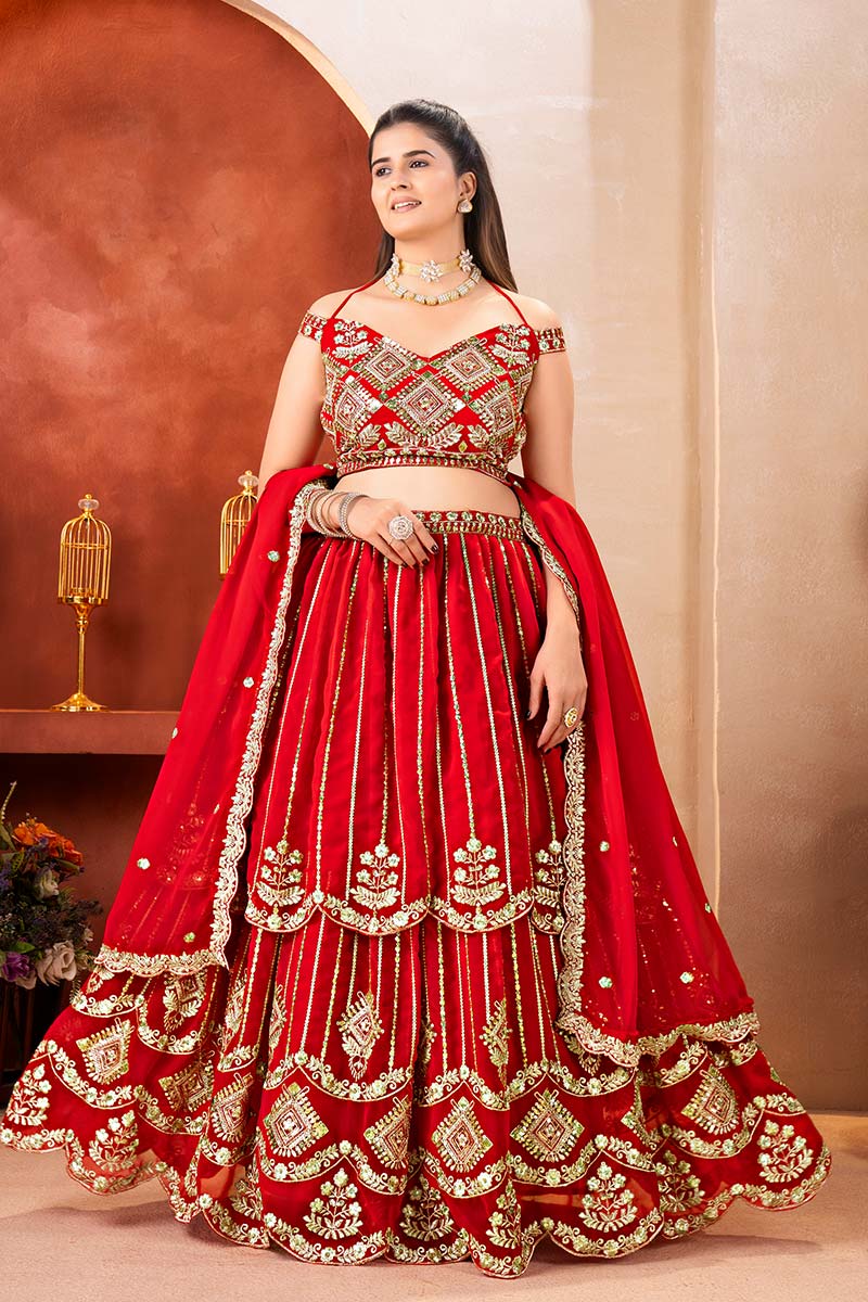 Royal Red Wedding Lehenga UK | Gold Embroidered Festive Wear PR