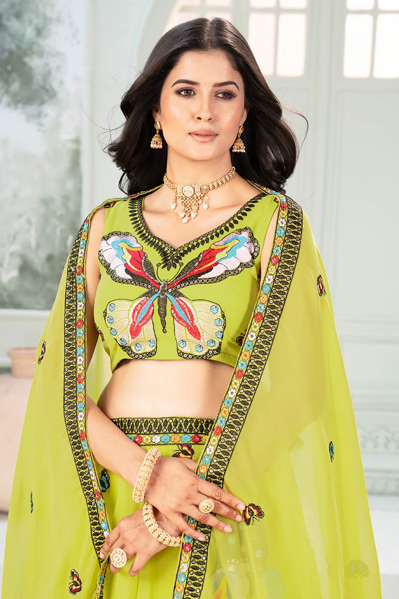 Parrot Green Faux Georgette Elegant Wedding Lehenga Set PR