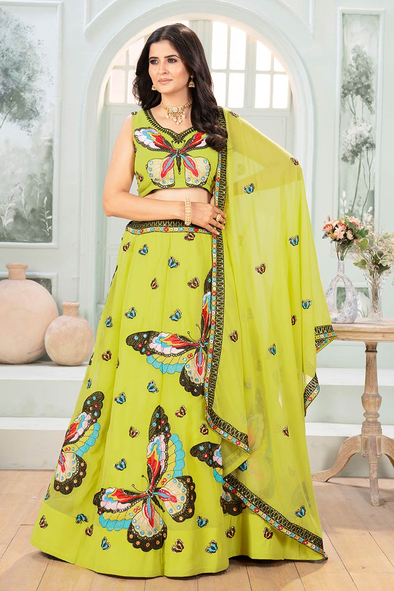 Parrot Green Faux Georgette Elegant Wedding Lehenga Set PR