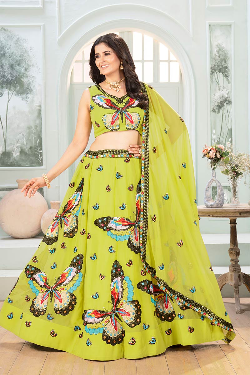 Parrot Green Faux Georgette Elegant Wedding Lehenga Set PR