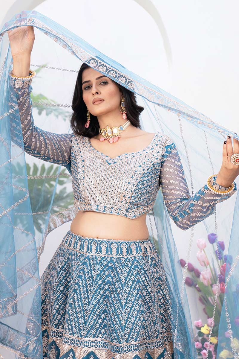 Sky Blue Wedding Lehenga | Heavy Embroidered Border & Dupatta PR