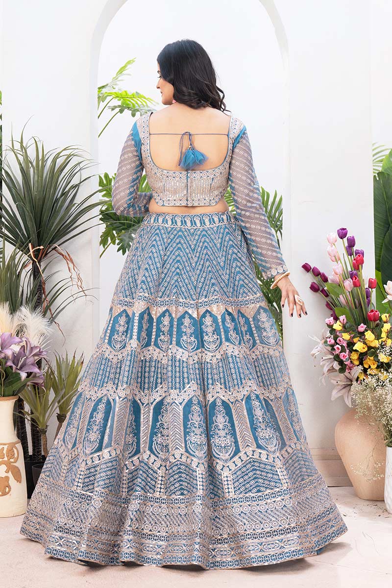 Sky Blue Wedding Lehenga | Heavy Embroidered Border & Dupatta PR