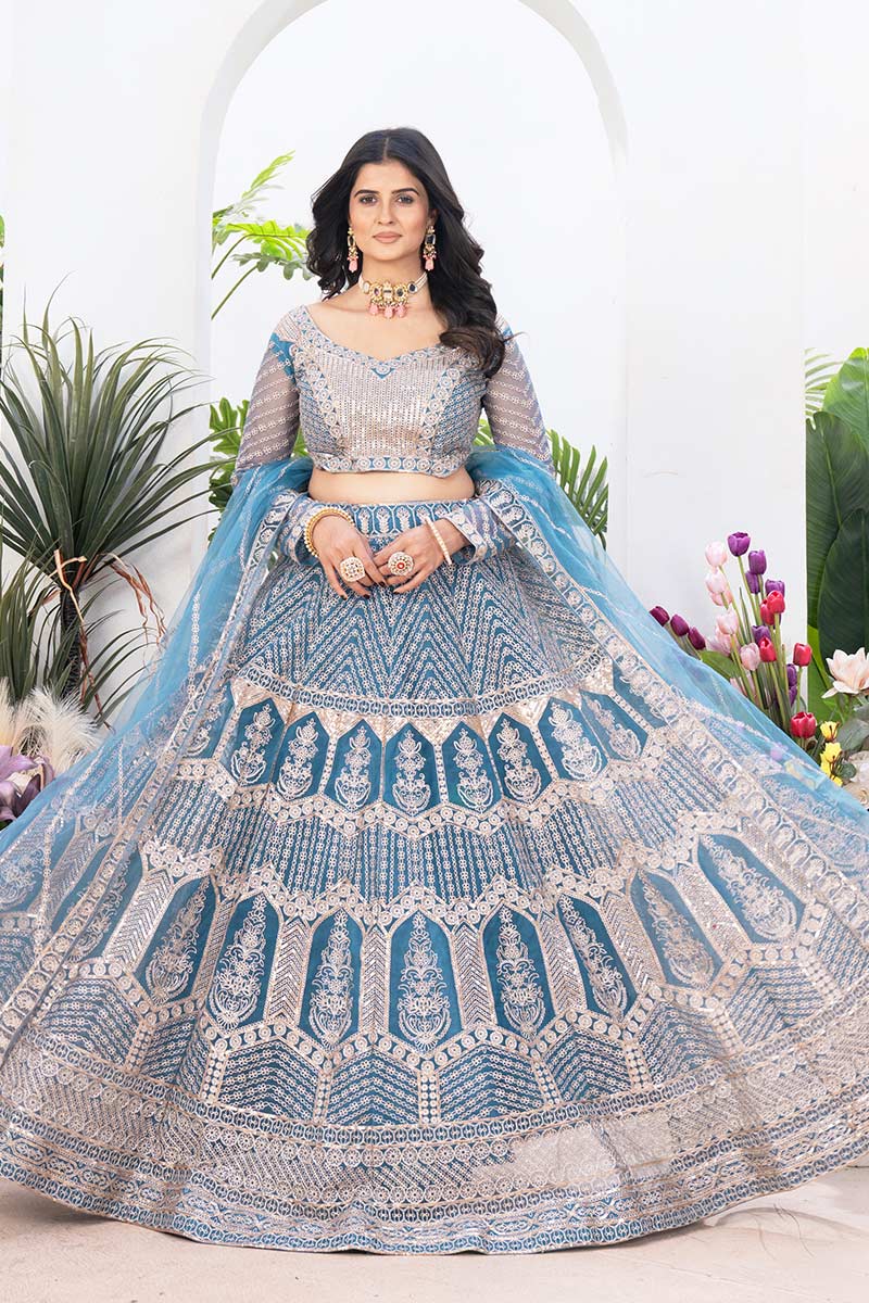 Sky Blue Wedding Lehenga | Heavy Embroidered Border & Dupatta PR