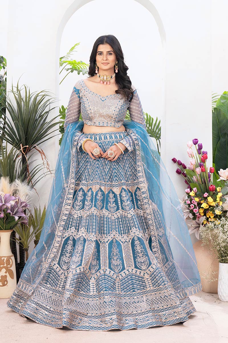 Sky Blue Wedding Lehenga | Heavy Embroidered Border & Dupatta PR