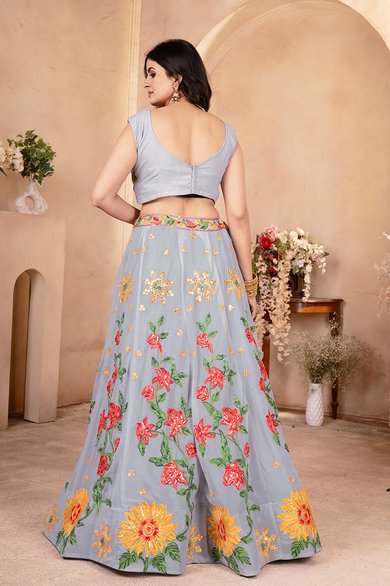 Grey Floral Embroidered Lehenga Choli UK | Sunflower Designer Wear PR