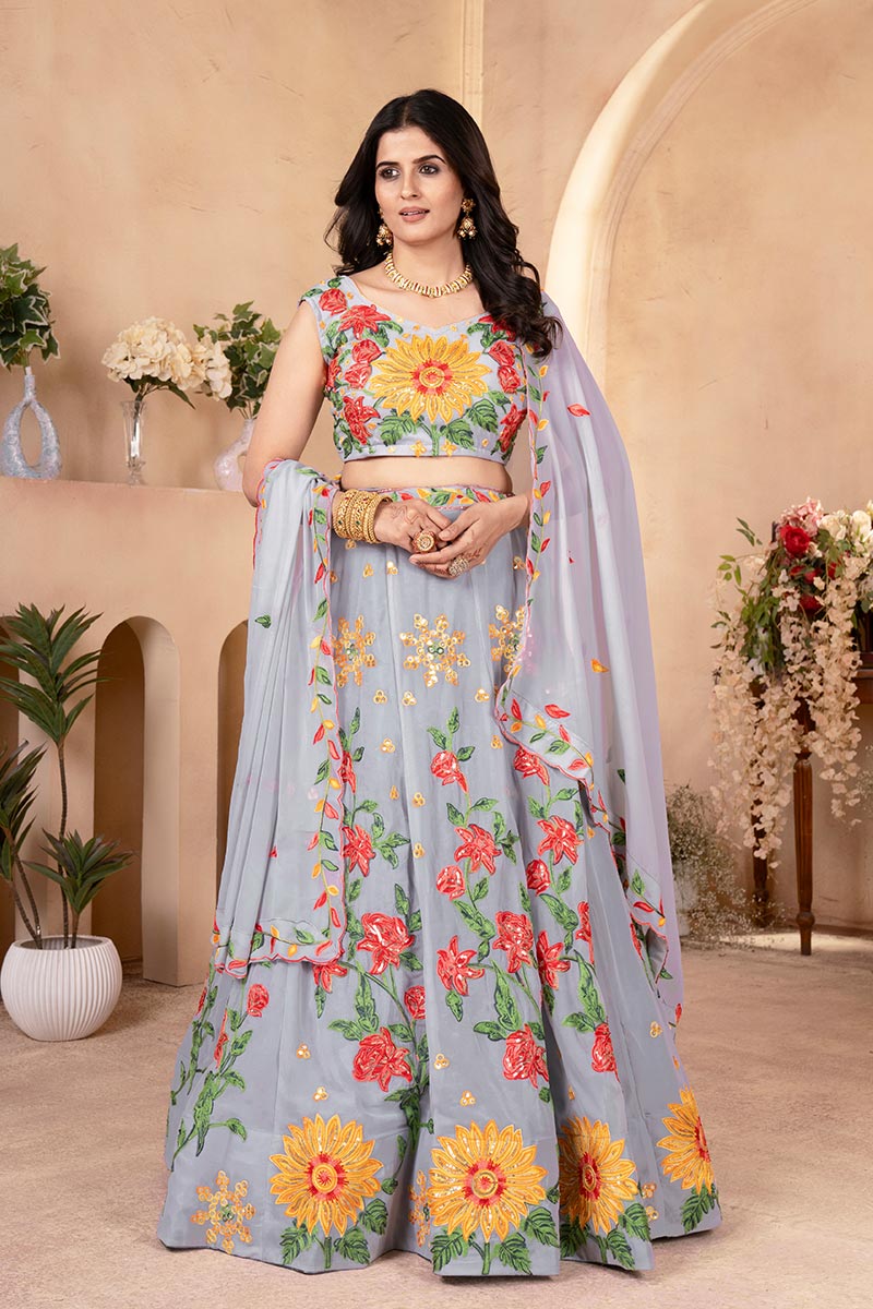 Grey Floral Embroidered Lehenga Choli UK | Sunflower Designer Wear PR