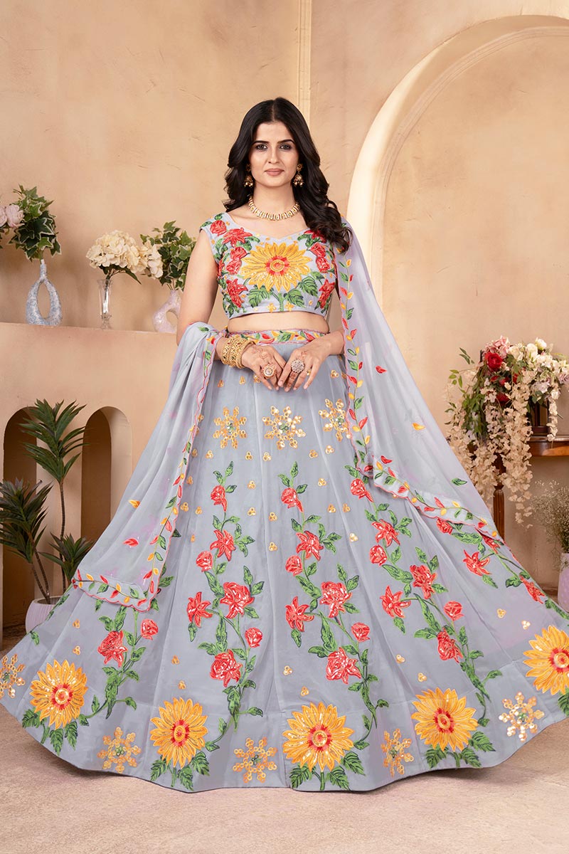 Grey Floral Embroidered Lehenga Choli UK | Sunflower Designer Wear PR
