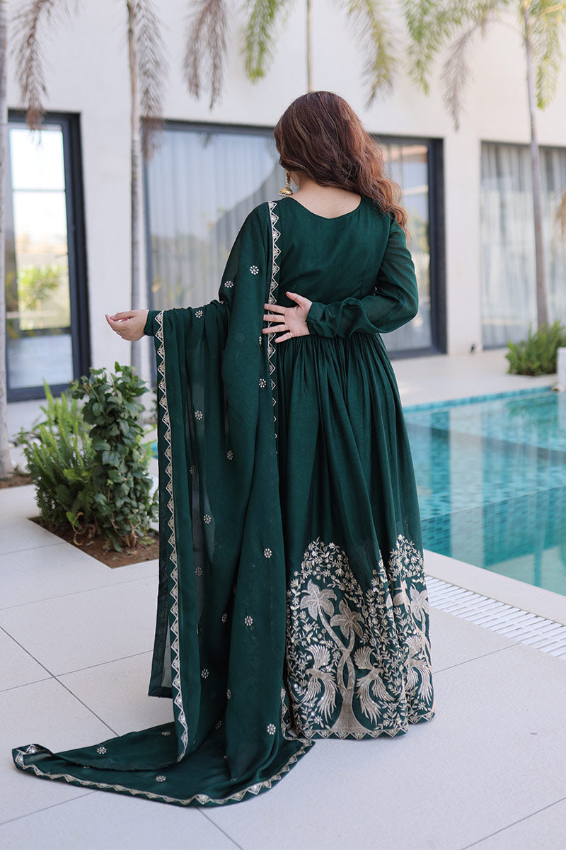 Designer Emerald Green Wedding Guest Gown UK | Heavy Floral Hem Embroidery PR