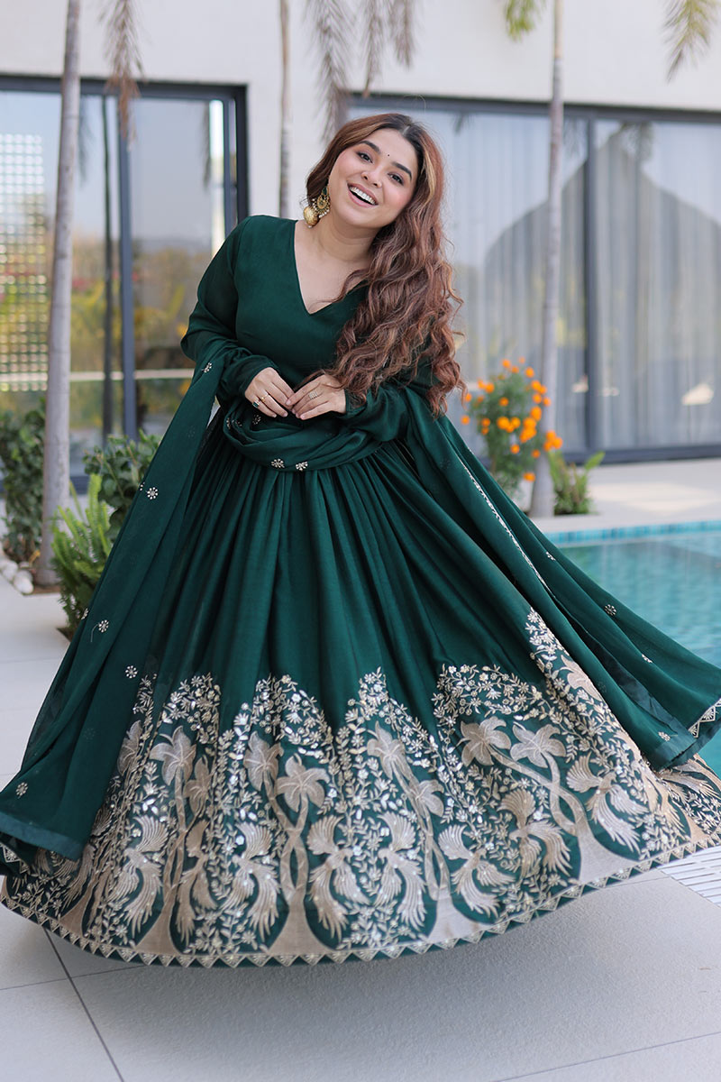 Designer Emerald Green Wedding Guest Gown UK | Heavy Floral Hem Embroidery PR