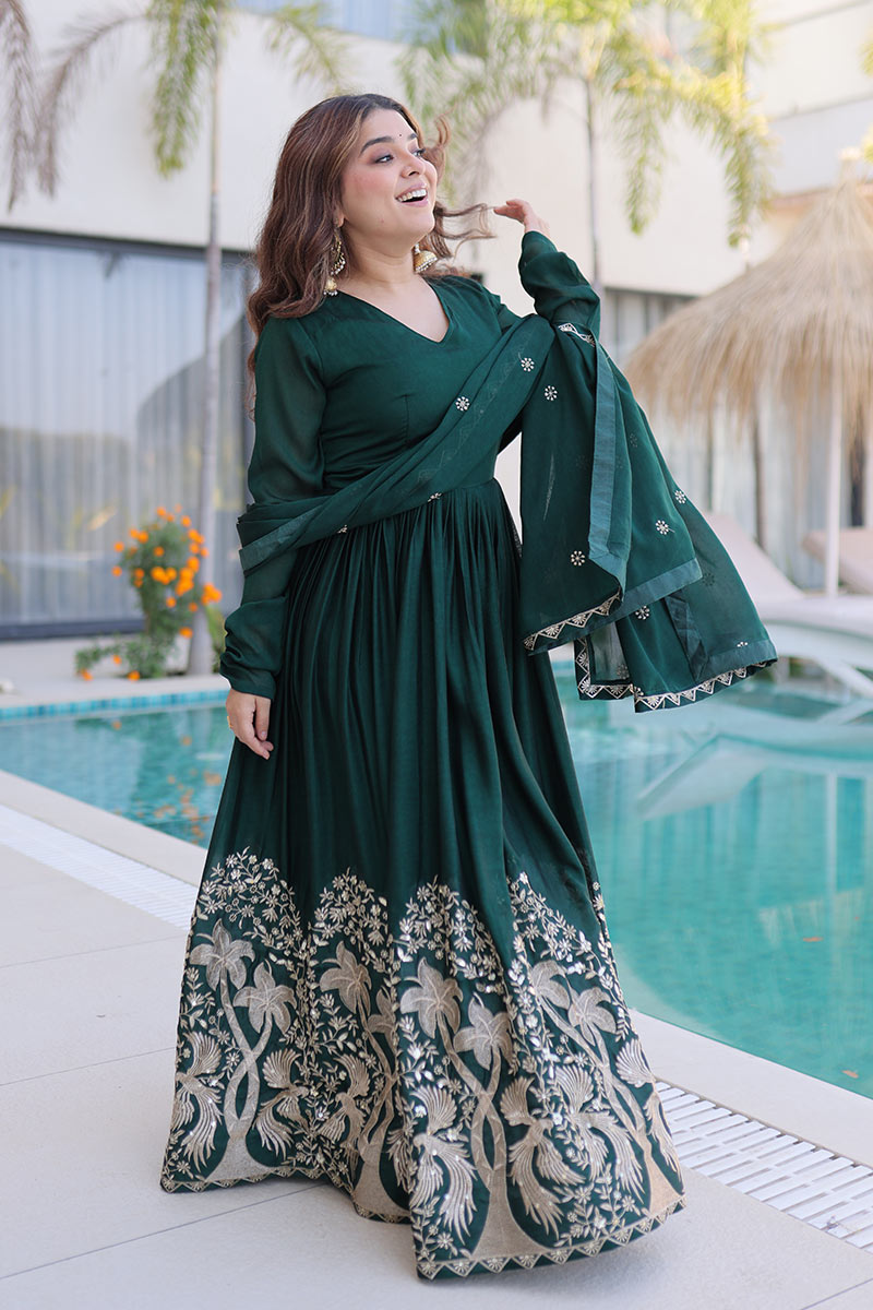 Designer Emerald Green Wedding Guest Gown UK | Heavy Floral Hem Embroidery PR