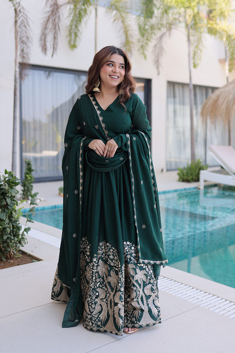 Designer Emerald Green Wedding Guest Gown UK | Heavy Floral Hem Embroidery PR