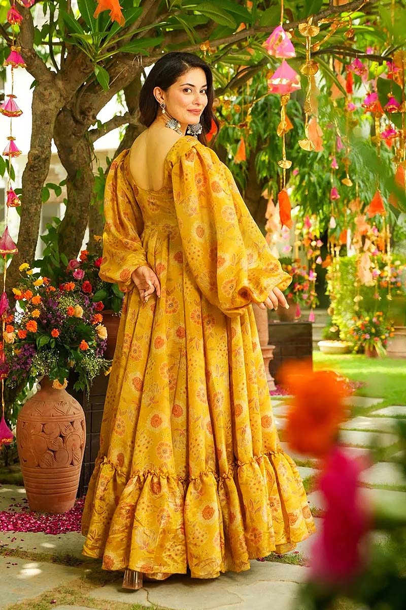 Mustard Floral Gown Dress UK | Elegant Festive Maxi Gown PR