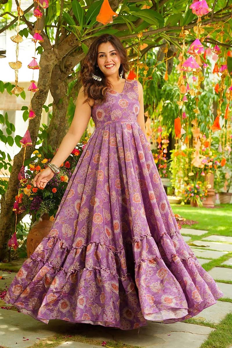 Onion Pink Elegant Floral Anarkali Gown UK | Indian Festive Maxi Dress PR