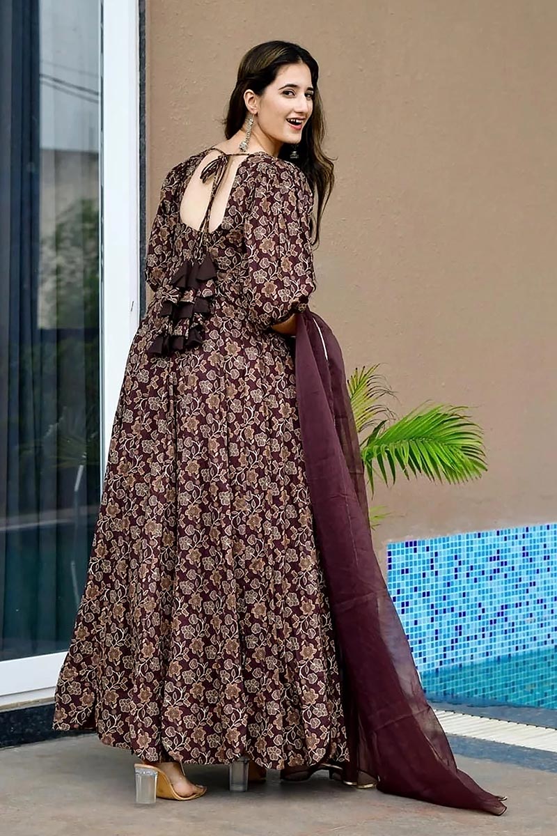 Ethnic Anarkali Dress UK | Maroon Floral Festive Gown PR