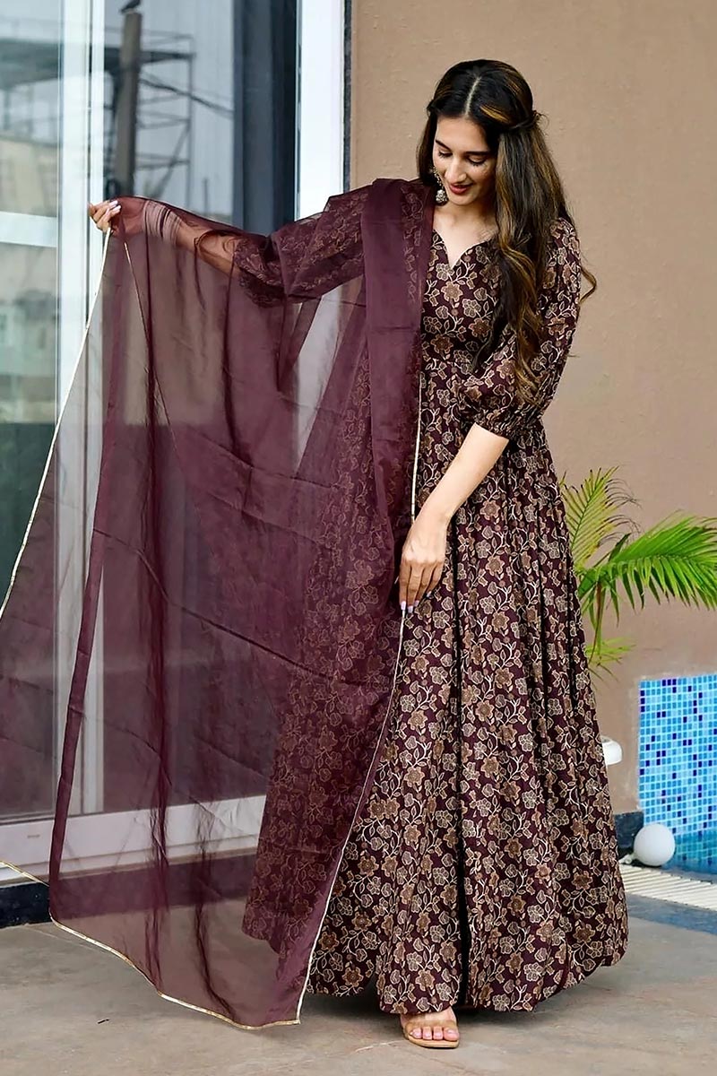 Ethnic Anarkali Dress UK | Maroon Floral Festive Gown PR
