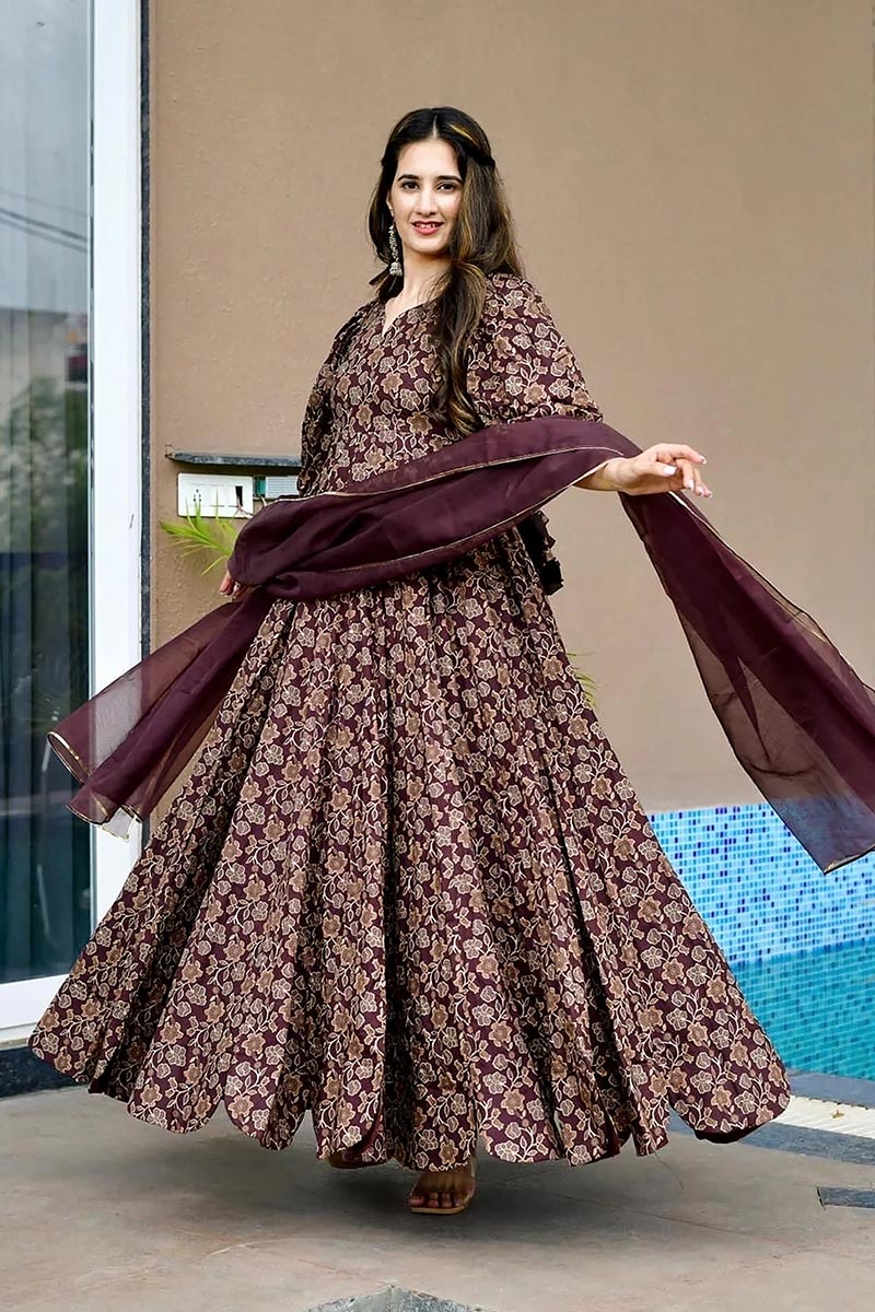 Ethnic Anarkali Dress UK | Maroon Floral Festive Gown PR