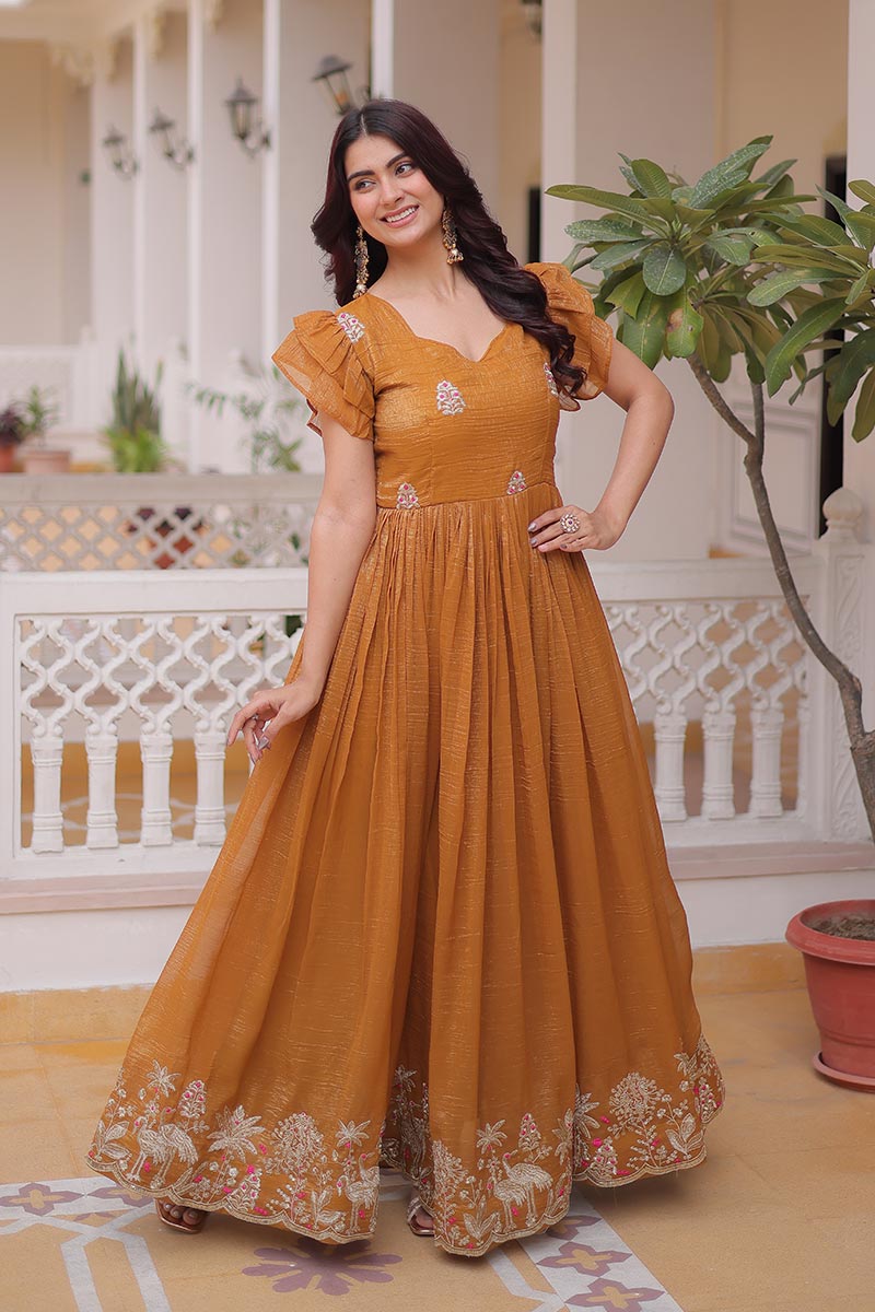 Light Yellow Ethnic Maxi Dress UK | Embroidered Festive Anarkali Outfit PR