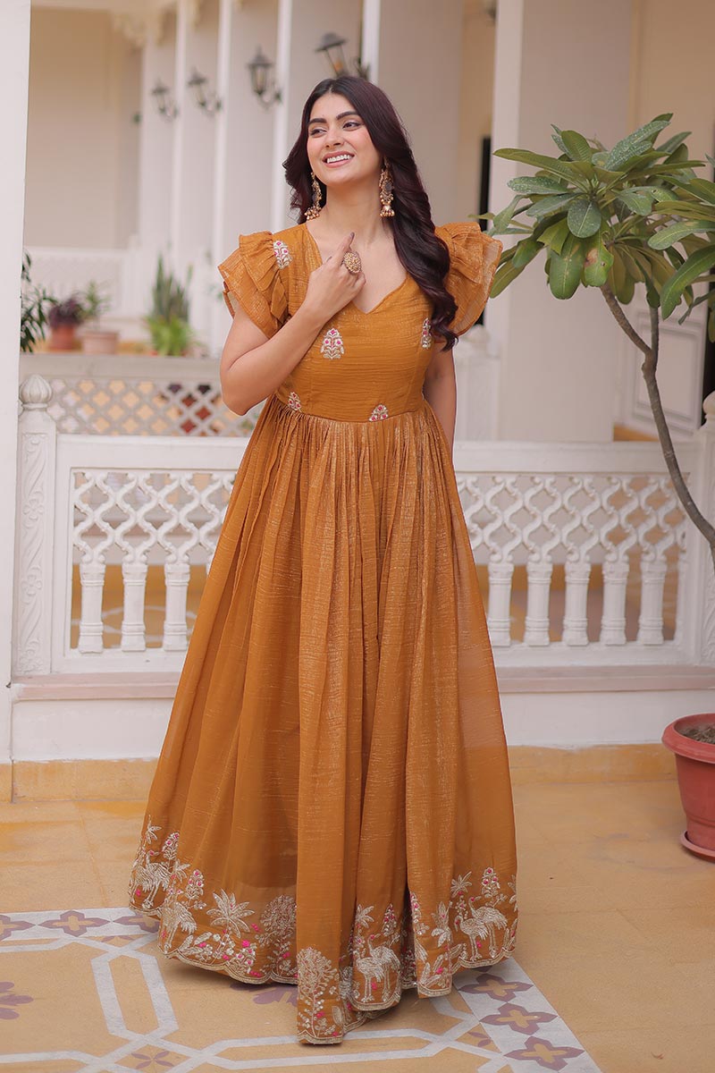 Light Yellow Ethnic Maxi Dress UK | Embroidered Festive Anarkali Outfit PR