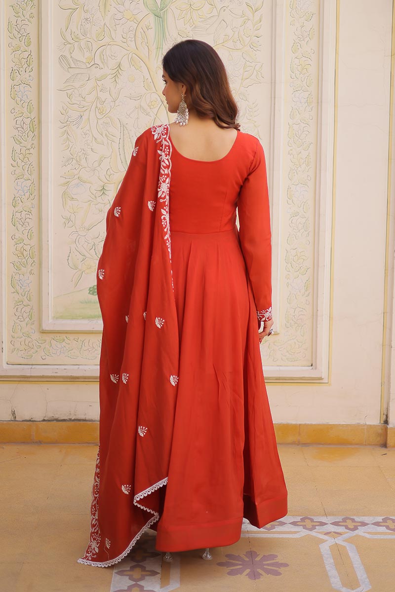 Red Embroidered Anarkali Gown UK | Elegant Floral Work & Dupatta Set PR