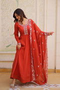 Red Embroidered Anarkali Gown UK | Elegant Floral Work & Dupatta Set PR