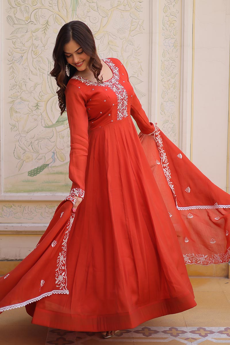 Red Embroidered Anarkali Gown UK | Elegant Floral Work & Dupatta Set PR