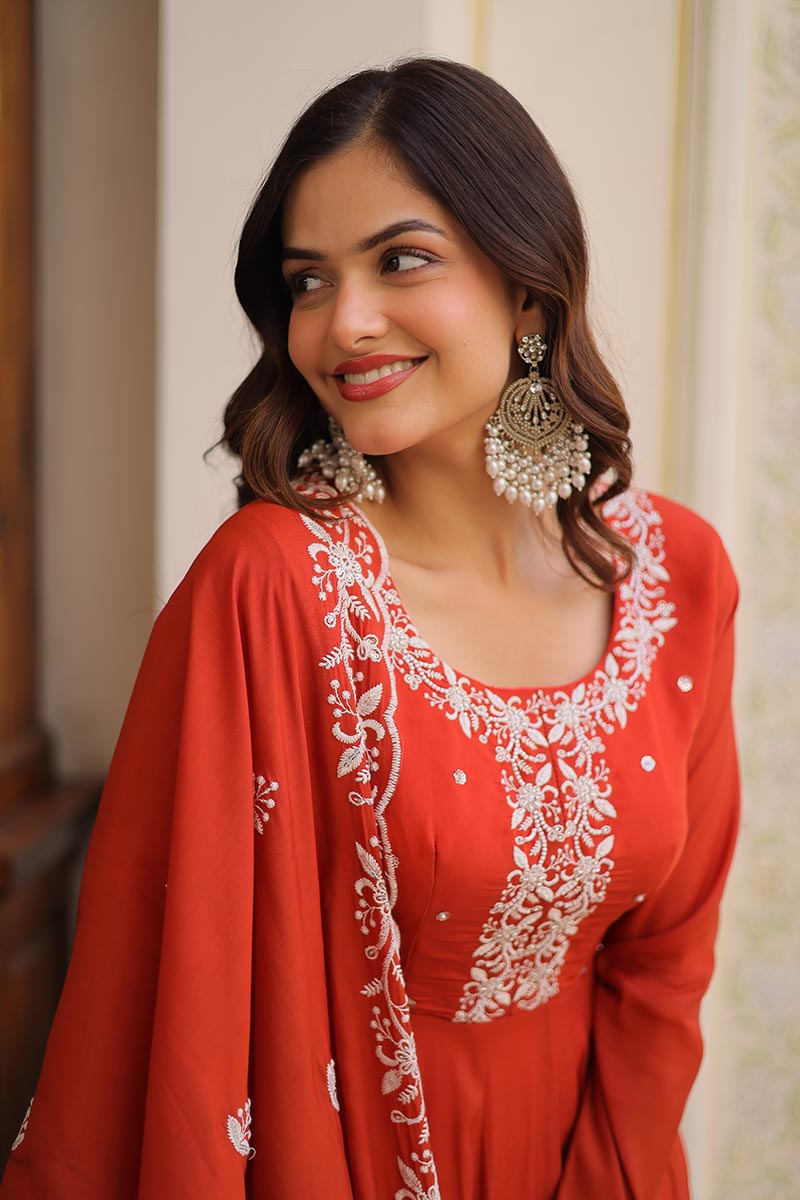 Red Embroidered Anarkali Gown UK | Elegant Floral Work & Dupatta Set PR