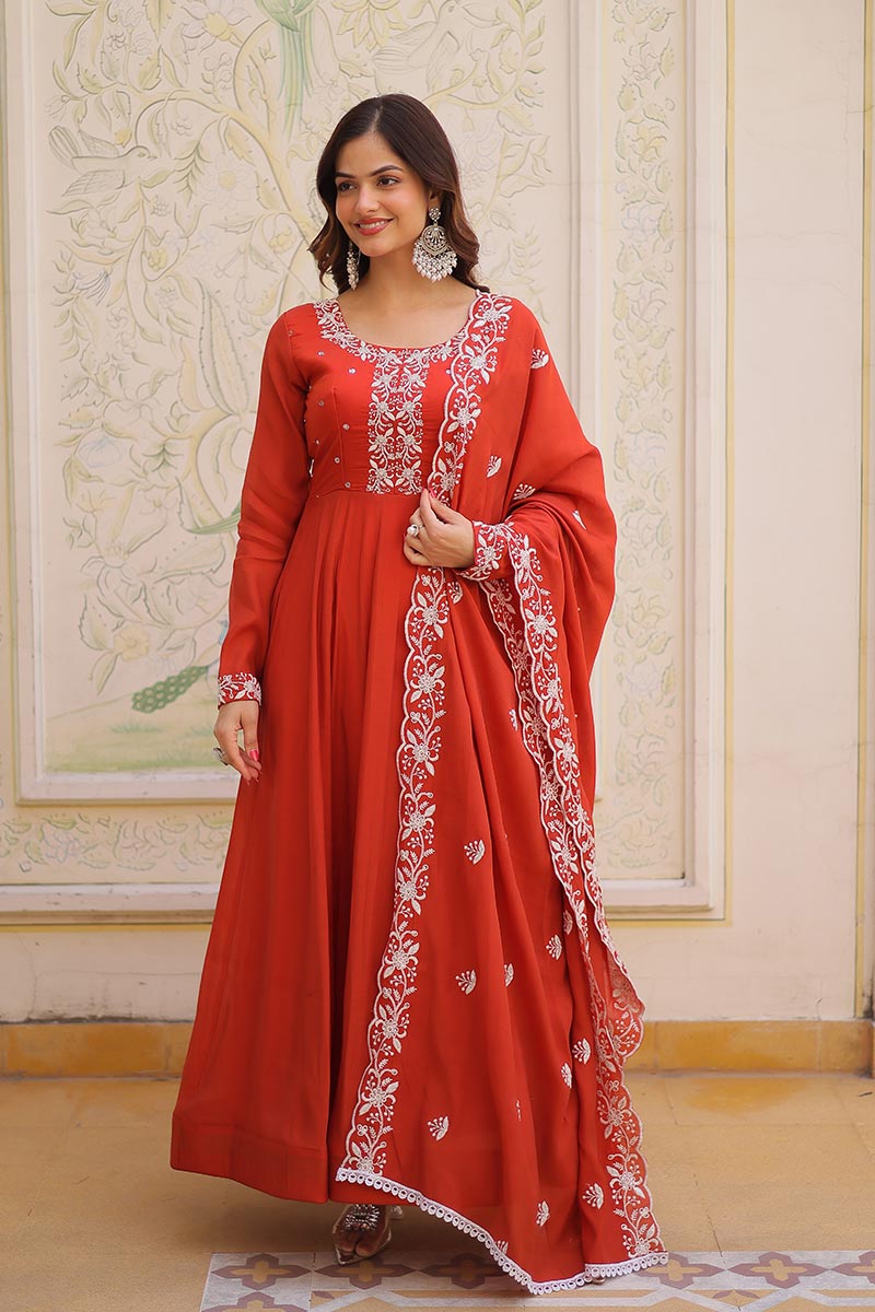 Red Embroidered Anarkali Gown UK | Elegant Floral Work & Dupatta Set PR
