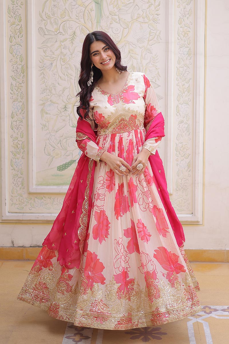 Orange Floor-Length Anarkali UK | Floral Threadwork & Soft Flow Fabric PR