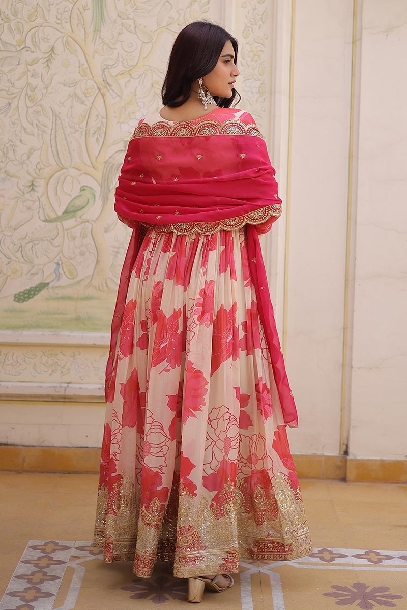 Orange Floor-Length Anarkali UK | Floral Threadwork & Soft Flow Fabric PR