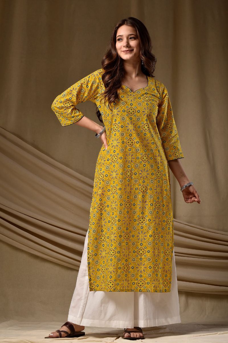 Yellow Cambric Cotton Printed Kurti – Elegant Everyday Wear PR