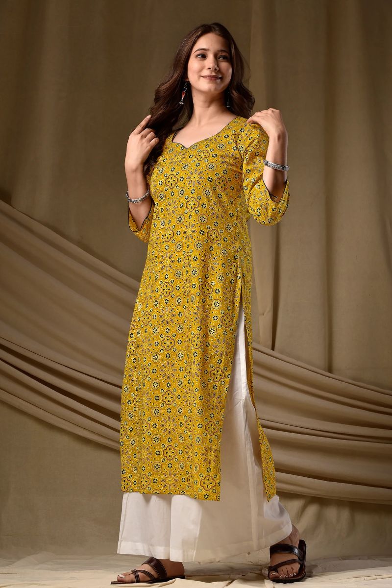 Yellow Cambric Cotton Printed Kurti – Elegant Everyday Wear PR