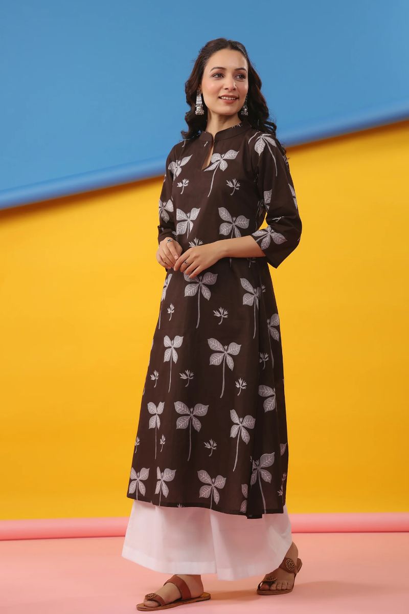 Coffee Cambric Cotton Printed Kurti – Elegant Everyday Wear PR