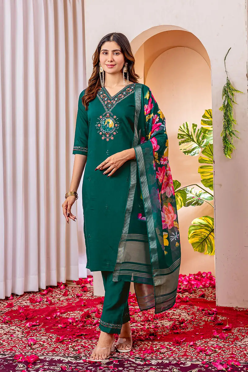 Peach Floral Printed Cotton Kurta Set with Print Dupatta RTI