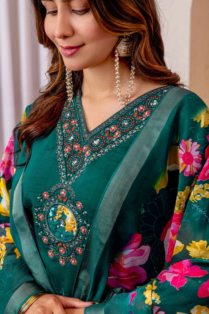 Peach Floral Printed Cotton Kurta Set with Print Dupatta RTI