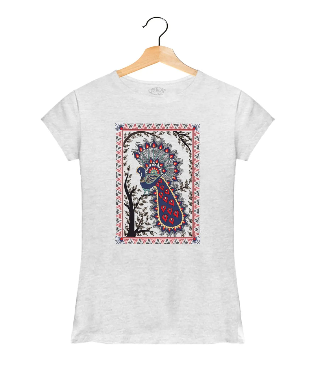 Peacock Art - Women’s T-Shirt –  Premium Round Neck - White Melange - 100% Cotton Offbeat