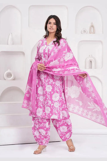 Pink Floral Printed Cotton Kurta Set with Print Dupatta KSF