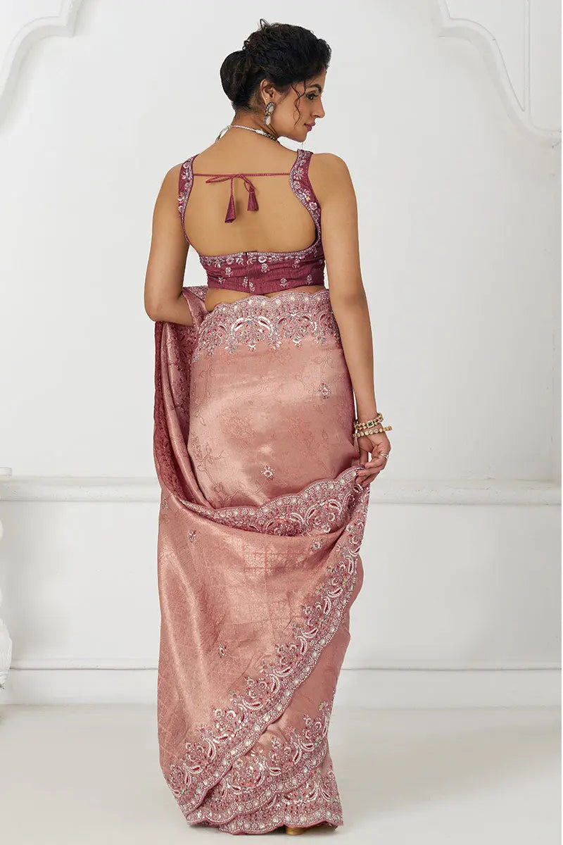 Pink Silk Saree with Sequin Embroidery for Brides KSR