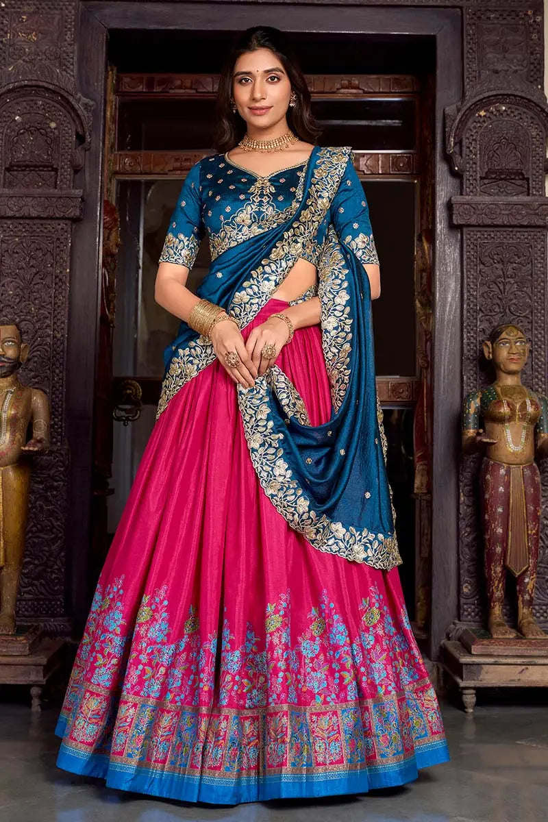 Pink & Blue Embroidered Silk Lehenga Set with Zari Detailing RTI
