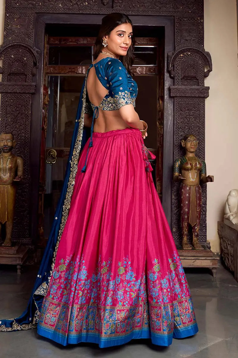Pink & Blue Embroidered Silk Lehenga Set with Zari Detailing RTI
