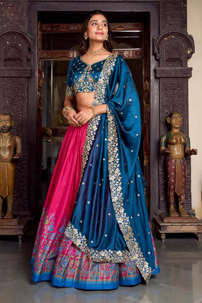 Pink & Blue Embroidered Silk Lehenga Set with Zari Detailing RTI