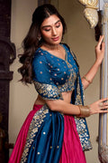 Pink & Blue Embroidered Silk Lehenga Set with Zari Detailing RTI
