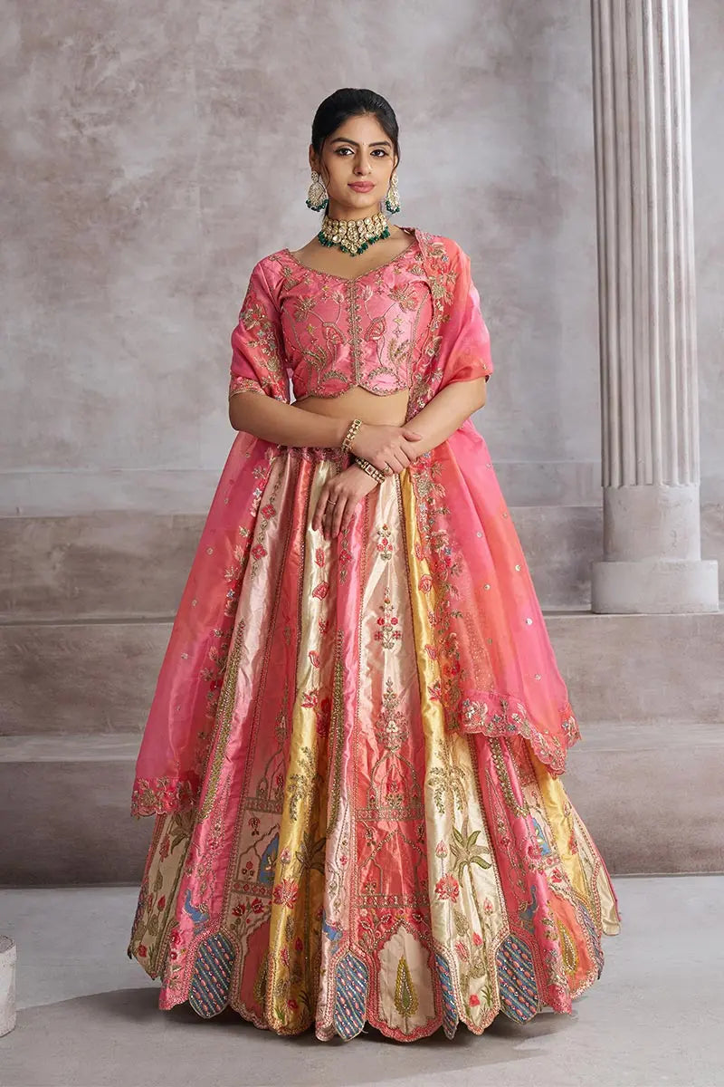 Pink and Gold Panelled Bridal Lehenga with Intricate Zari, Sequins & Thread Detailing KSR