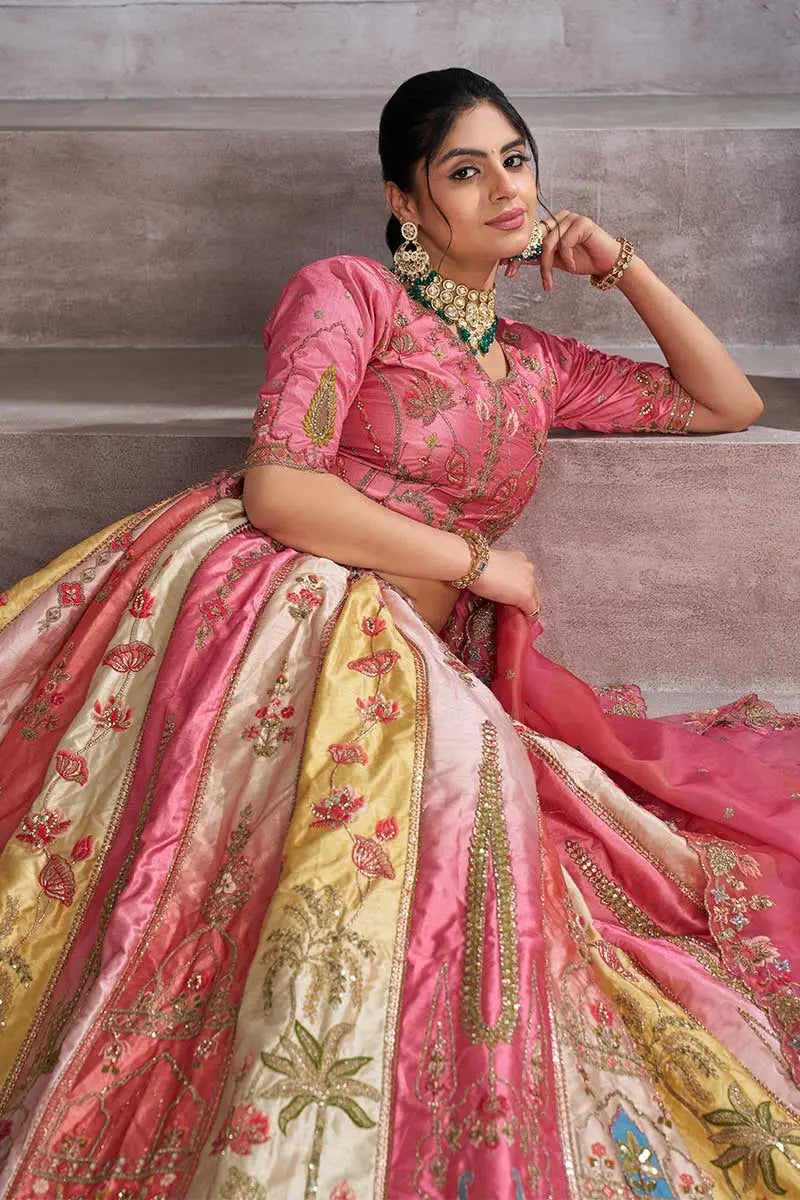 Pink and Gold Panelled Bridal Lehenga with Intricate Zari, Sequins & Thread Detailing KSR