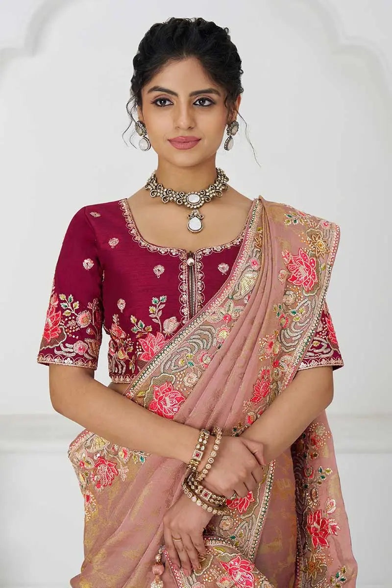 Pretty peach: Multicolor Embroidery with Blooming Floral Designs KSR