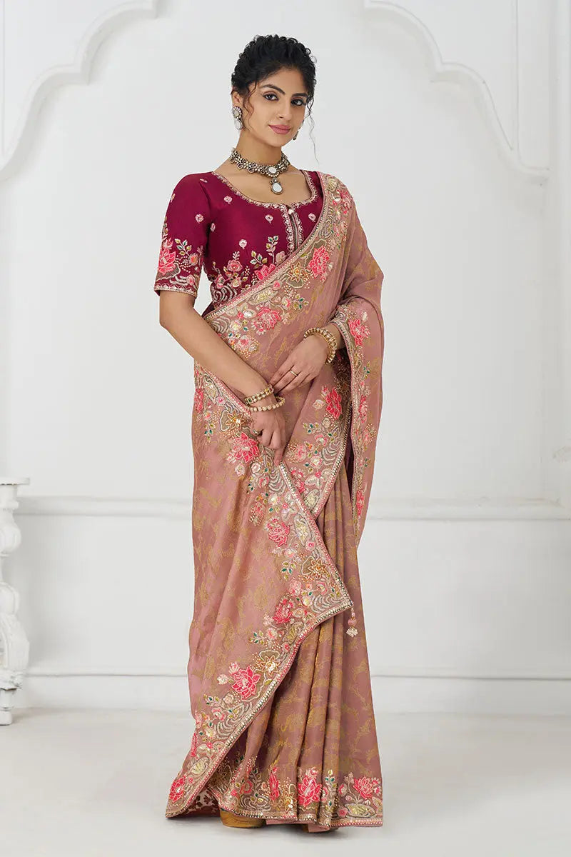 Pretty peach: Multicolor Embroidery with Blooming Floral Designs KSR