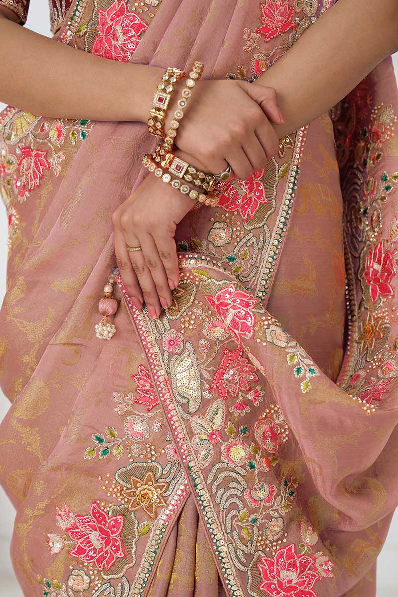 Pretty peach: Multicolor Embroidery with Blooming Floral Designs KSR