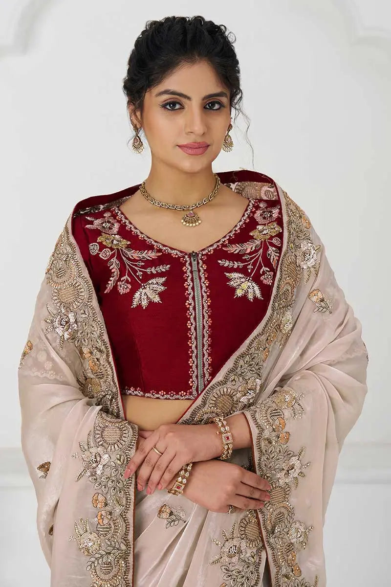 Pure Fendi Silk Saree in Chiku with Handcrafted Zari & Sequin Detailing KSR