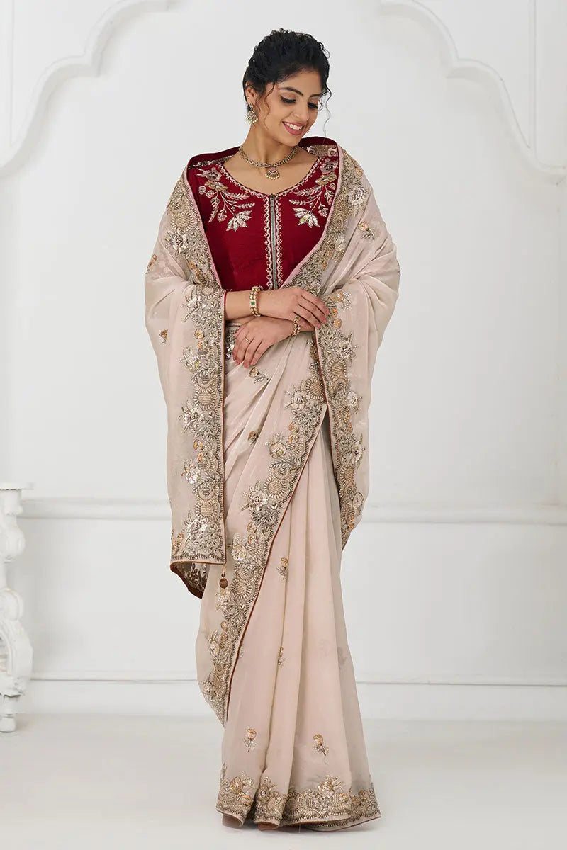 Pure Fendi Silk Saree in Chiku with Handcrafted Zari & Sequin Detailing KSR